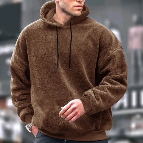 Men Casual Winter Hoodie Warm Coral Fleece Pullover Sweatshirt Thick Solid Color Loose Fit Long Sleeve Hooded Top