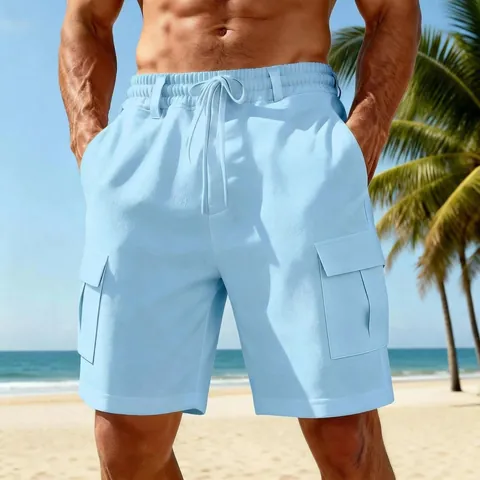 Men Casual Linen Cargo Shorts Elastic Waist Drawstring Solid Color Breathable Summer Beach Straight Leg Shorts