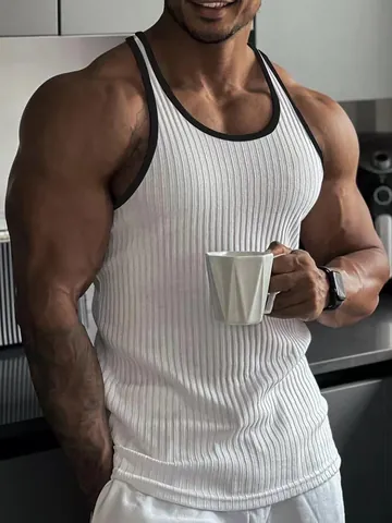 Men's Summer Knit Ribbed Fitness Sports Vest Slim Fit Racerback Contrast Color Binding Muscle Workout Training Tank Top