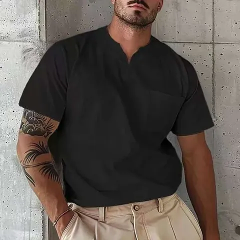 Men's Casual V-Neck Short Sleeve T-Shirt With Front Pocket Polyester Summer Micro-Stretch Solid Color Slim Fit Top