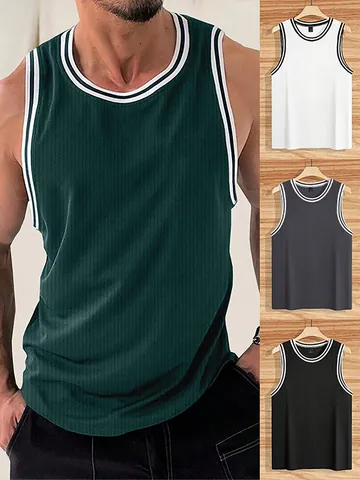Men's Slim Fit Ribbed Knitted Tank Top Vertical Stripe Patchwork Sleeveless Muscle Top Breathable Gym Fitness Racerback Sports Top