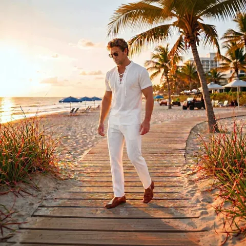 Men's Summer Casual Top And Bottom Waffle Knit Short Sleeve Lace-up V-Neck Shirt And Long Pants Oversized Beach Loungewear