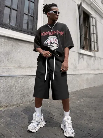 Men Streetwear Hip Hop Mid Length Shorts Solid Color Polyester Drawstring Plus Size Casual Straight Leg Beach Sport Shorts For Summer