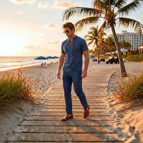 Men's Summer Casual Top And Bottom Waffle Knit Short Sleeve Lace-up V-Neck Shirt And Long Pants Oversized Beach Loungewear