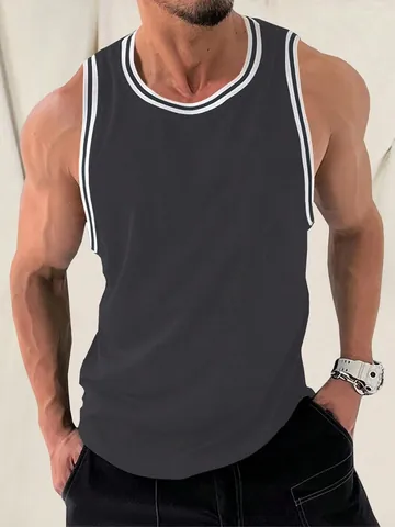 Men's Slim Fit Ribbed Knitted Tank Top Vertical Stripe Patchwork Sleeveless Muscle Top Breathable Gym Fitness Racerback Sports Top