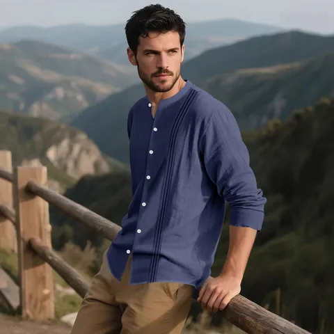 Men's Casual Cotton Linen Long Sleeve Shirt Mandarin Collar Pin-tuck Pleated Solid Color Button Down Shirt Regular Fit Top