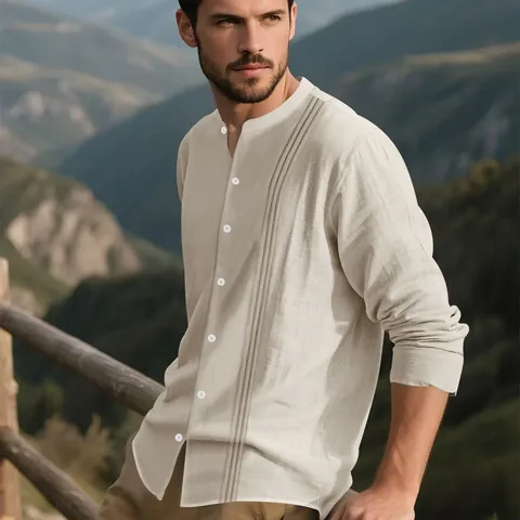 Men's Casual Cotton Linen Long Sleeve Shirt Mandarin Collar Pin-tuck Pleated Solid Color Button Down Shirt Regular Fit Top