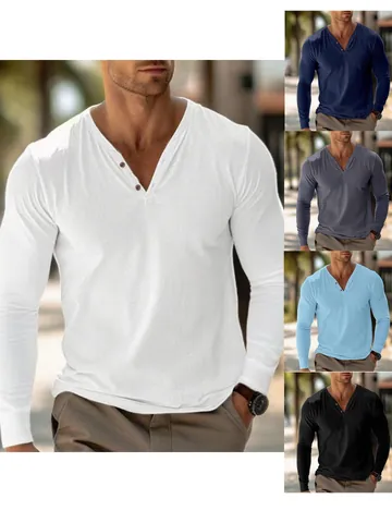 Camiseta Henley de Manga Larga para Hombre Cuello en V con Botones Lino Poliéster Casual Color Sólido Ajuste Estrecho