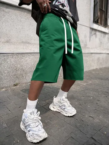 Men Streetwear Hip Hop Mid Length Shorts Solid Color Polyester Drawstring Plus Size Casual Straight Leg Beach Sport Shorts For Summer