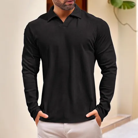 Men Long Sleeve Polo Shirt Solid Color Polyester German Velvet Texture V Neck Casual Sports Autumn Winter Top For Outdoor