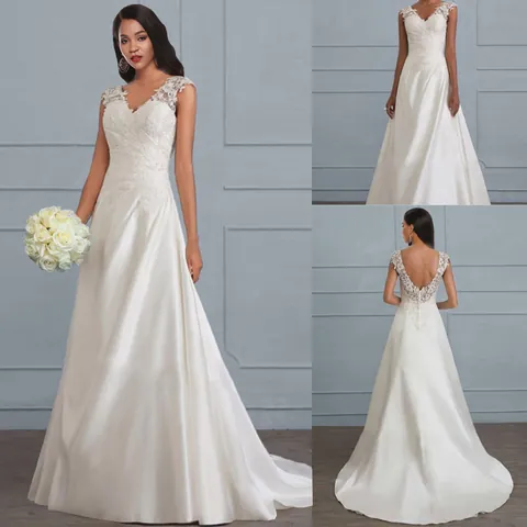 Elegant Women Lace Patchwork V-Neck Backless Wedding Dress Satin Finish Long Evening Gown Top And Bottom For Bridal Party