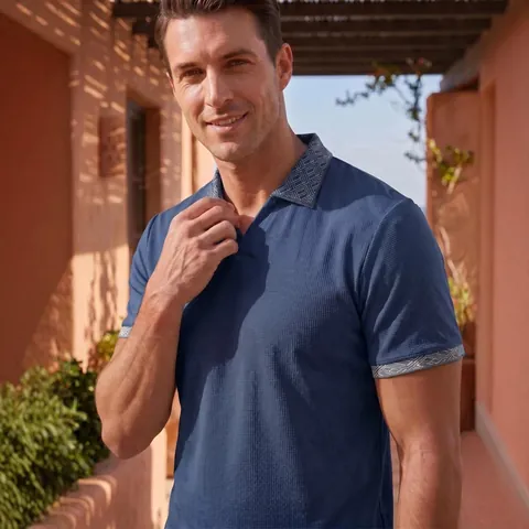 Men Casual Waffle Knit Polo Shirt Solid Color V Neck Short Sleeve Top Geometric Pattern Trim Summer Fashion Men Clothing