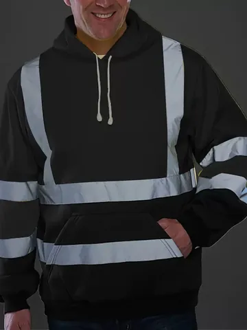 Men Reflective Safety Hoodie Fleece Lined Hooded Pullover High Visibility Outdoor Warm Top With Reflective Strips Kangaroo Pocket Coldproof Workwear