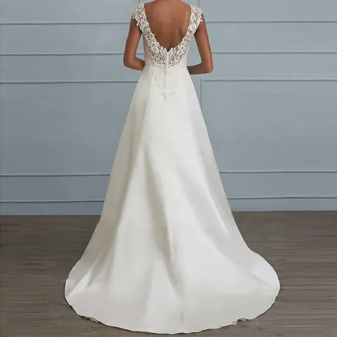 Elegant Women Lace Patchwork V-Neck Backless Wedding Dress Satin Finish Long Evening Gown Top And Bottom For Bridal Party