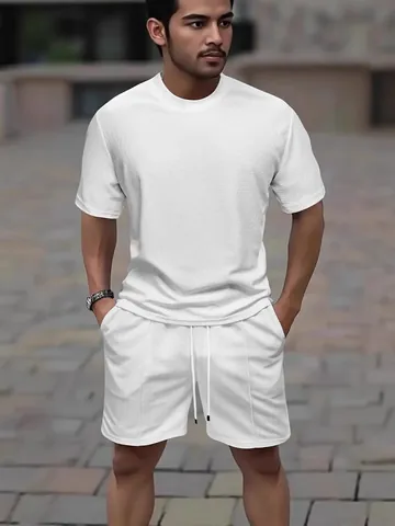 Men Summer Waffle Texture Short Sleeve Top And Bottom Sportswear Set Quick Dry Breathable Fitness Running Casual Sport Suit