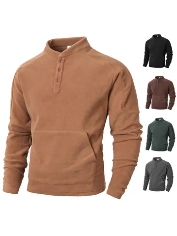 Men's Slim Fit Fleece Sweatshirt Stand Collar Button Mock Neck Pullover Long Sleeve Solid Casual Warm Sporty Top