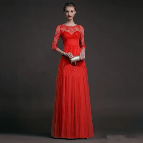Elegant Lace See-Through Evening Maxi Dress For Women Long Sleeve Round Neck Slim Fit Banquet Wedding Party Formal Gown