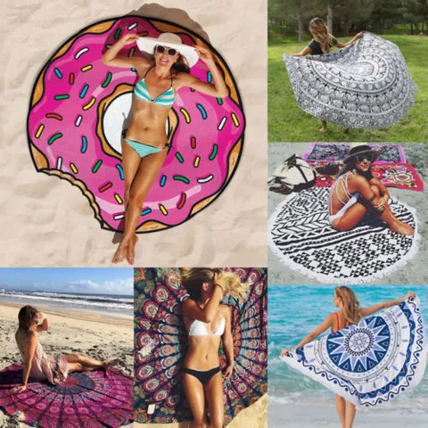 Serviette de Plage Ronde Mandala Bohème en Polyester Imprimé Châle à Glands Ethnique Paon Floral Vacances d'Été Couverture de Pique-Nique