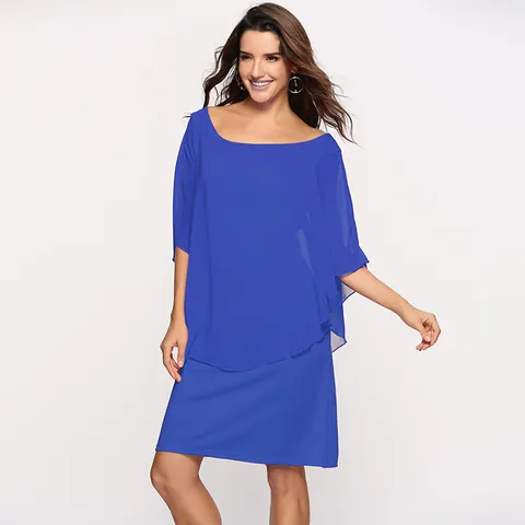 Dames Plus Size Mock Tweedelige Chiffon Jurk Elegante Ronde Hals Ruffle Mouw Effen Kleur Gelaagde Midi Jurk Party Casual