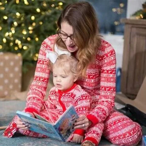 Pyjama Assorti pour la Famille Noël Ensemble Mélange de Coton Imprimé Élan Flocon de Neige Haut Et Bas Vêtement de Nuit Festif pour Femmes Hommes Enfants Bébé