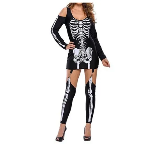 Women's Sexy Cold Shoulder Halloween Skeleton Printed Top And Bottom Long Sleeve Dress With Matching Leg Warmers Costume Outfit