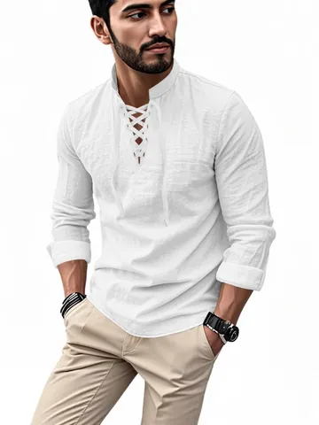 Men Casual Cotton Linen Henley Shirt Long Sleeve Stand Collar Lace Up Hippie Beach Vacation Solid Color Euro Size Shirt Top