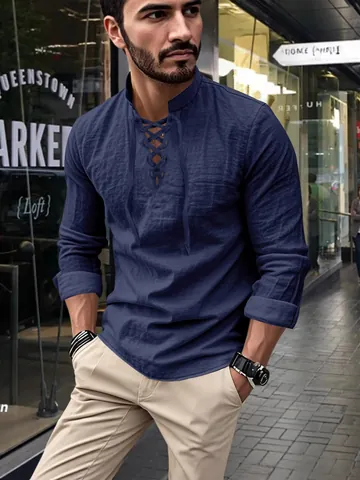 Men Casual Cotton Linen Henley Shirt Long Sleeve Stand Collar Lace Up Hippie Beach Vacation Solid Color Euro Size Shirt Top