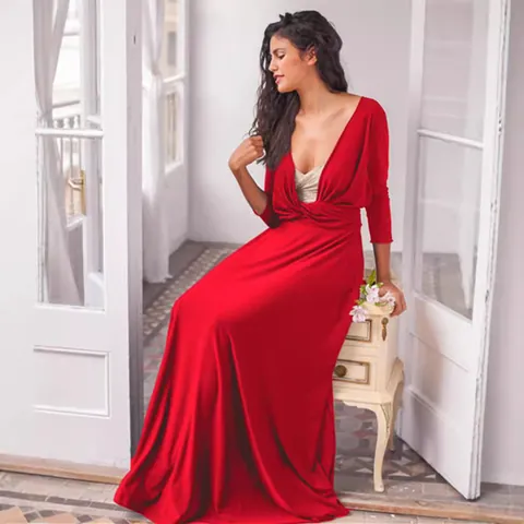 Women Sexy Multi-Way Bandage Maxi Dress 3/4 Sleeve Convertible Infinity Evening Gown Elegant Solid Color Polyester Spandex Dress