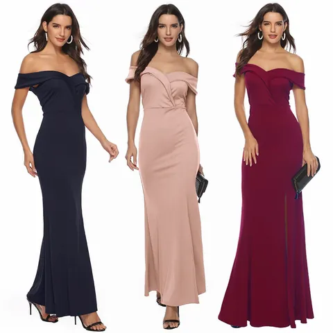 Women Off Shoulder V Neck High Split Evening Dress Elegant Slim Fit Mermaid Floor Length Formal Banquet Wedding Party Dress