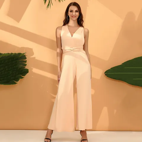 Women Sexy Solid Color Multi-way Wrap Jumpsuit Wide Leg Pants Sleeveless Deep V Neck Elegant Top And Bottom Clubwear Romper