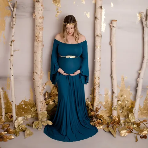 Robe Longue de Maternité à Épaules Dénudées Femme Élégante Manches Cloche Longueur Sol Robe de Photographie Grande Taille Tricotée