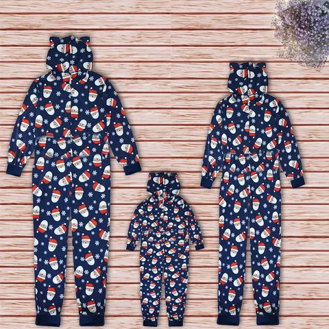 Navy Blue Christmas Santa Claus Printed Hooded Jumpsuit For Family Polyester Warm Loungewear Snowflake Pattern Onesie Top And Bottom