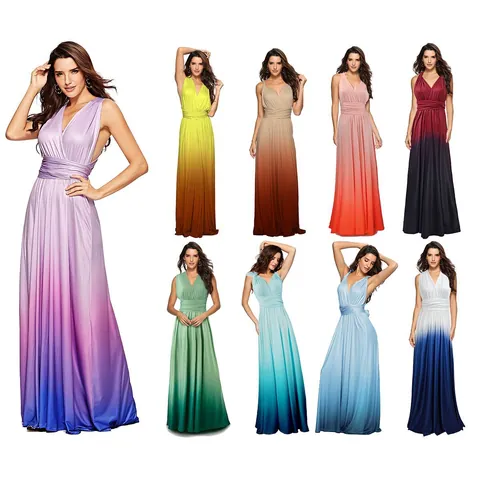 Women Sexy Ombre Multi-Way Infinity Dress Polyester Gradient Backless Tie-Up Maxi Gown For Party Wedding Evening