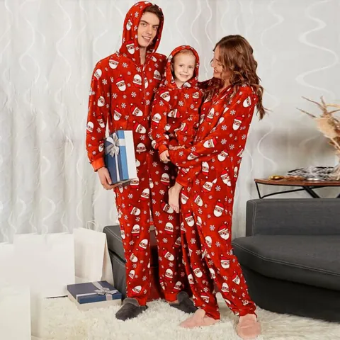 Mono con Capucha a Juego para la Familia de Navidad Estampado de Papá Noel Poliéster Manga Larga Ropa de Dormir Top And Bottom