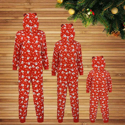 Mono con Capucha a Juego para la Familia de Navidad Estampado de Papá Noel Poliéster Manga Larga Ropa de Dormir Top And Bottom