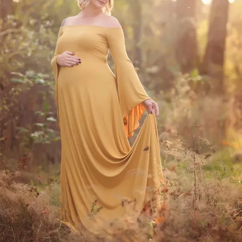 Robe Longue de Maternité à Épaules Dénudées Femme Élégante Manches Cloche Longueur Sol Robe de Photographie Grande Taille Tricotée