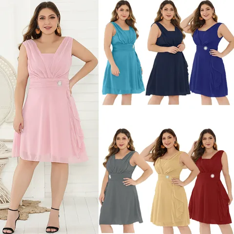 Women's Elegant Plus Size V Neck Sleeveless Chiffon Mini Dress Party Bridesmaid Evening Gown With Rhinestone Brooch