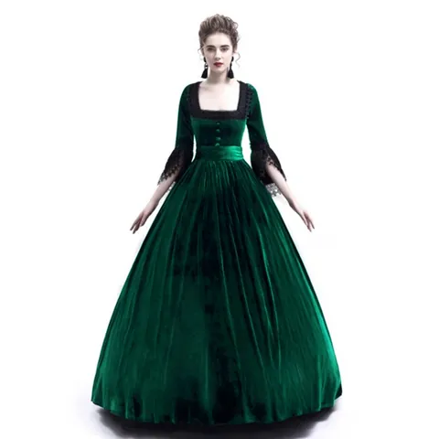 Damen Mittelalter Renaissance Samtkleid Viktorianisch Gothic Hohe Taille Glockenärmel Eckiger Ausschnitt Langes Party Abendkleid