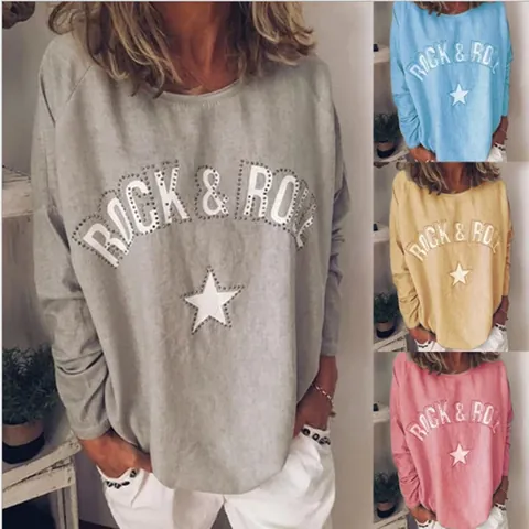 Sudadera Informal de Manga Larga para Mujer con Estampado de Letras Rock Roll y Pedrería Cuello Redondo Holgado Pullover