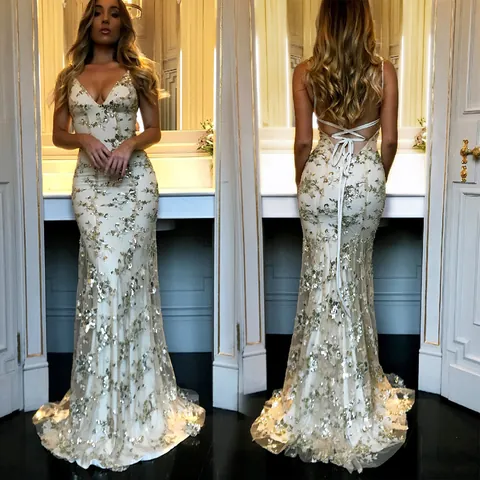 Women Elegant Sequin Mesh Slim Fit Evening Dress Sexy Backless Fishtail Maxi Gown For Banquet Wedding Party Formal Occasion