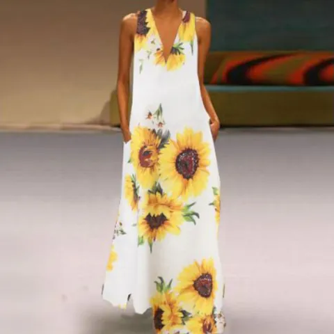Women's Bohemian Sunflower Print Maxi Dress V-Neck Sleeveless Summer Long Dress With Pockets Polyester Casual Beach Dress