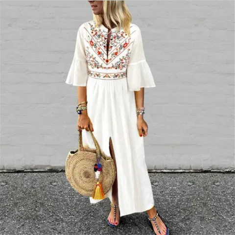 Women Ethnic Style Floral Printed Maxi Dress Loose Casual Bell Sleeve V-Neck Bohemian Patchwork Split A-Line Holiday Dress