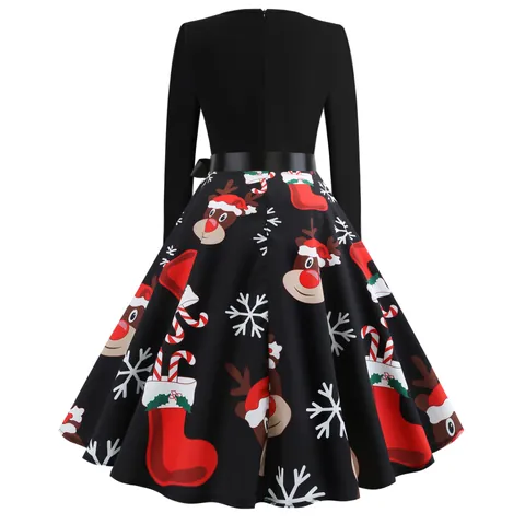 Vestido Midi de Mujer Vintage Estampado Navideño Manga Larga Línea A Cuello Redondo Mezcla de Algodón Retro Party Swing Estampado Papá Noel Reno