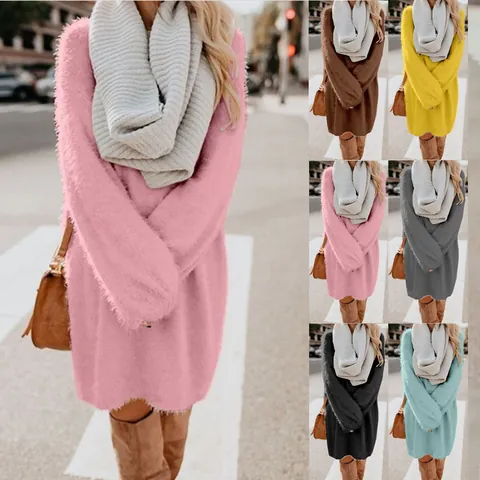 Women Winter Plush Fuzzy Midi Dress Long Sleeve Round Neck Loose Knitted Faux Fur Sweater Dress For Autumn