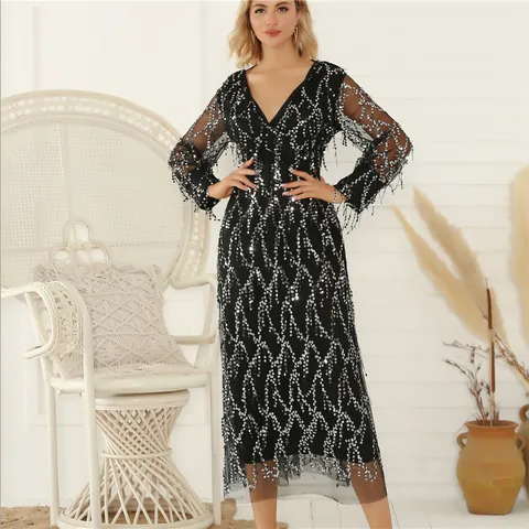 Women's Sexy V-Neck Sequin Tassel Mesh Dress Elegant Long Sleeve Midi Party Evening Dress Sparkly Bodycon Gown