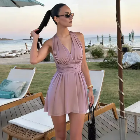 Robe Femme Sexy Multiway Infinity Bretelles Convertibles Dos Nu Courte Ligne A Couleur Unie Demoiselle d'Honneur Mariage Fête