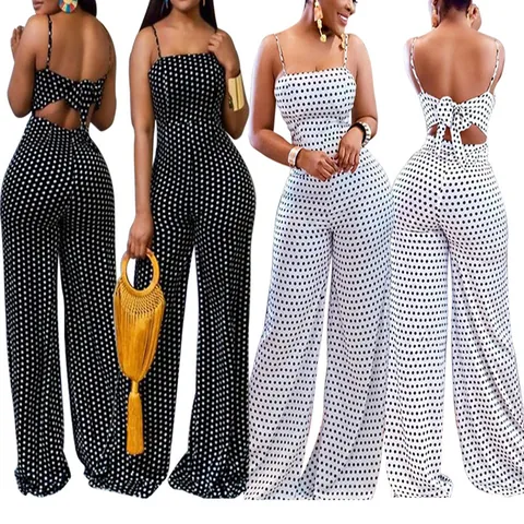 Women Casual Polyester Spotted Print Jumpsuit Sleeveless Backless Tie Back Wide Leg Romper Summer Beach Boho Jumpsuit