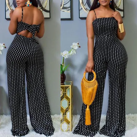 Women Casual Polyester Spotted Print Jumpsuit Sleeveless Backless Tie Back Wide Leg Romper Summer Beach Boho Jumpsuit