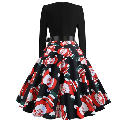 Vestido Midi de Mujer Vintage Estampado Navideño Manga Larga Línea A Cuello Redondo Mezcla de Algodón Retro Party Swing Estampado Papá Noel Reno