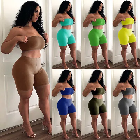 Women Sports Shorts Set High Elasticity Tight Tube Top And Biker Shorts For Fitness Running Workout Casual Top And Bottom